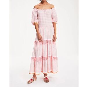 Lemlem Abeda XS Tiki Long Tier Pink Striped Fringe Off Shoulder Midi Gauze Dress